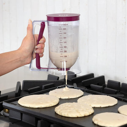 Pancake Batter Dispenser, Squeeze Handle for Pancakes, Waffles & Cupcakes | Griddle Use, Cake, Crepe and Muffin Batter, Measuring Marks, Easy Portion Control, Mess-Free Pouring, 4-Cup Capacity, Purple.6