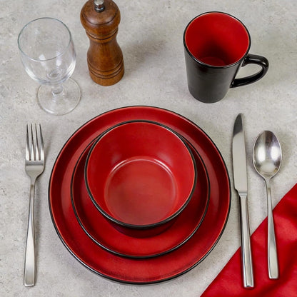 Stoneware Dinnerware Set Service for 4, 16 Piece Two Tone Handmade Plates Bowls Set, Chip & Crack Resistant Modern Tableware, Red and Black4