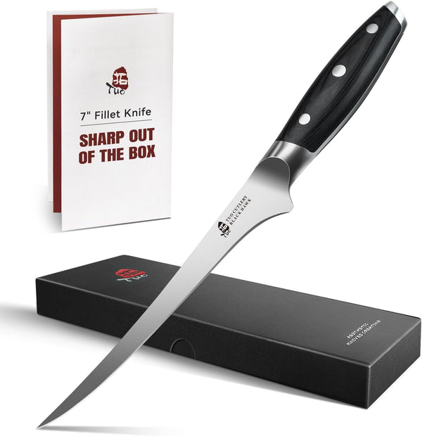 Fillet Knife, 7 Inch Professional Fish Boning Knife for Trimming Meat & Poultry, Flexible Blade, High Carbon German Steel, Full Tang Handle - Black Hawk Series1