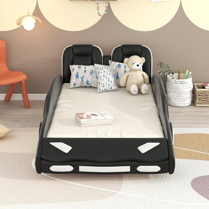 Twin Upholstered Floor Platform Bed Frame, PU Leather Day Bed with Race Car-Shaped Headboard, No Box Spring Needed, Black4