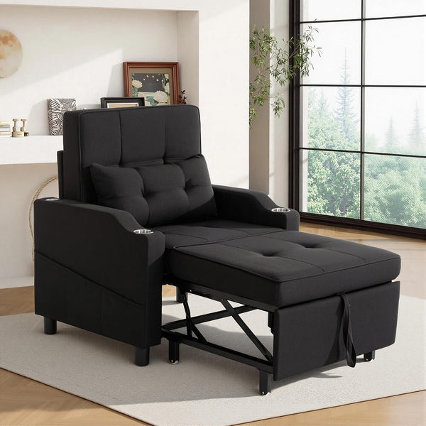 Sleeper Chair,Single Armchair Sofa with Pillow,Adjustable Backrest Recliner Sofa Modern Pull Out Couch Bed with USB Port Cup Holder Side Pocket for Living Room Bedroom(Black)2