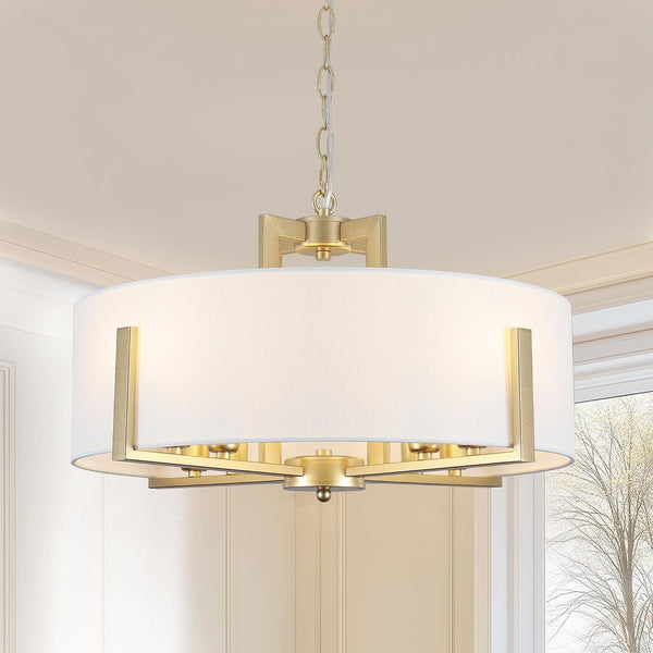 20In Gold Drum Chandelier 8-Light Modern White Fabric, Adjustable1