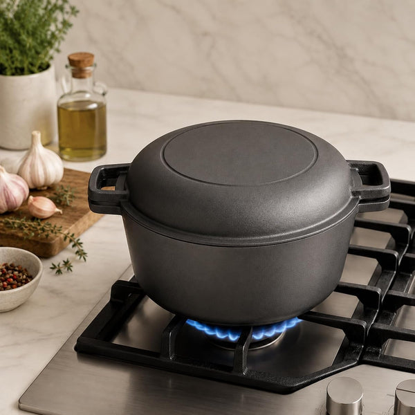 Cast Iron 5 Quart Double Dutch Oven-2-In-1 Pre-Seasoned Pot & Skillet Combo | Pre-Seasoned, No Chemical Coatings. 5Qt Cast Iron Pot + Skillet Lid. Even Heat, Great for Bread Baking. Indoor/Outdoor Use.7