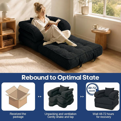 Convertible Sleeper Chair, Folding Sofa Bed with Armrests, Foldable Boneless Bed, 3-In-1 Portable Corduroy Futon Couch Floor Sofa with Pillow for Bedroom, Living Room, Black7