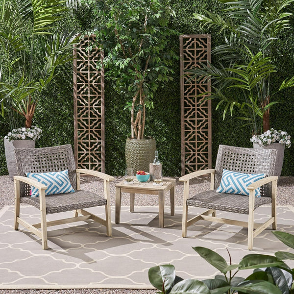 Hampton Outdoor 3 Piece Acacia Wood and Wicker Conversation Set with Club Chairs and Side Table, 28.25 "W X 31 "D X 31.5 "H, Mixed Black + Weathered Gray2