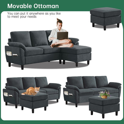 80" Convertible Sectional Couch with Ottoman, 3 Seater L Shaped Couch Sofa with Storage Chaise, Removable Armrest Cushions, Linen Modern Small Couches for Living Room, Apartment, Dark Grey6