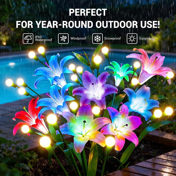 Solar Garden Lights Outdoor: 4 Pack 2-In-1 Color Changing Solar Lily Flower Lights with Firefly Swaying Light, Waterproof Garden Decor for Yard Patio Flowerbed Lawn, Gardening Gifts for Women7