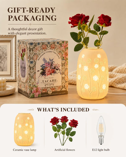 Ceramic Vase Table Lamp - 2700K Bulb & 3 Artificial Flowers Included5