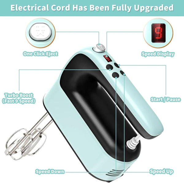 9-Speed Digital Hand Mixer Electric, 400W Powerful DC Motor, Hand Mixer Electric Handheld with Snap-On Storage Case, 5 Stainless Steel Accessories, Beaters, Dough Hooks, Whisk(Ice Blue/Black)3