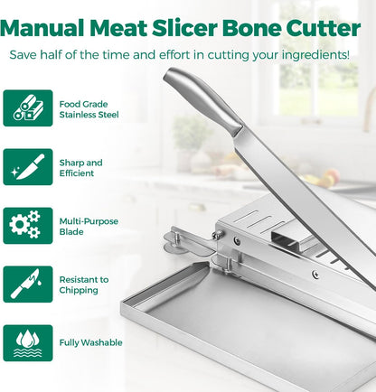 Meat Bone Cutter, Manual Meat Slicer Bone Cutting Knife with Food-Grade Stainless Steel Blade and Food Catch Tray, Beef Jerky Chicken Bone Cleaver for Home and Commercial Cooking, 15.5 Inches2