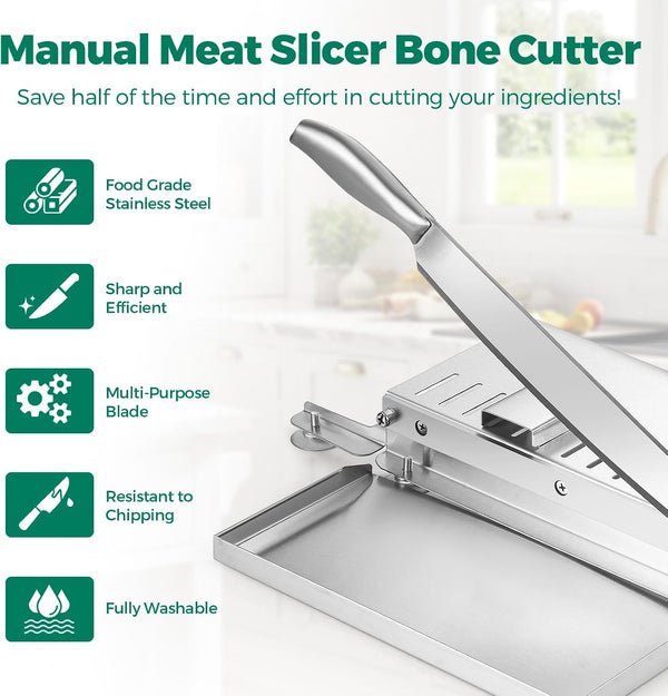 Meat Bone Cutter, Manual Meat Slicer Bone Cutting Knife with Food-Grade Stainless Steel Blade and Food Catch Tray, Beef Jerky Chicken Bone Cleaver for Home and Commercial Cooking, 15.5 Inches2