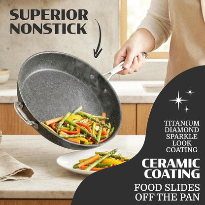 Ceraluxe 14 Inch Frying Pan with Lid, Family Sized Large Frying Pan Skillet with Ceramic Nonstick Coating, Non Toxic PFOA Free, Oven and Dishwasher Safe - Black2