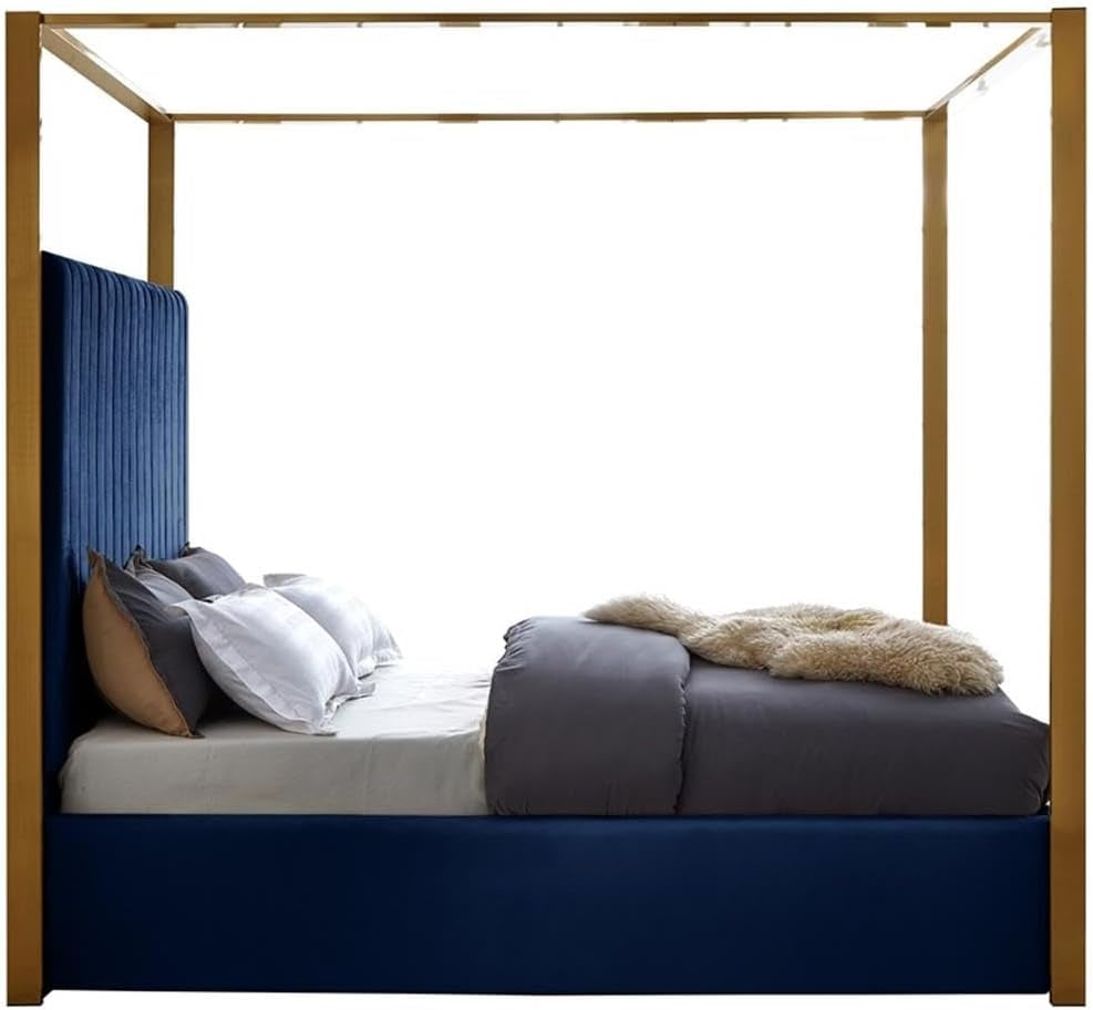 contemporary-velvet-king-bed-navy-finish-deep-channel-tufting-brushed-brass-metal-frame-full-slats-canopy-height-78-5-headboard-height-60-5-elegant-bedroom-furniture