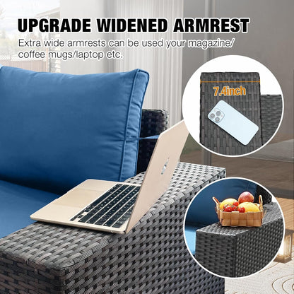 6 Pieces Patio Furniture Set All-Weather Outdoor Wicker Sectional Conversation Sofa Rattan Patio Seating Sofa with Cushion and Glass Table for Porch Poolside,Peacock Blue2