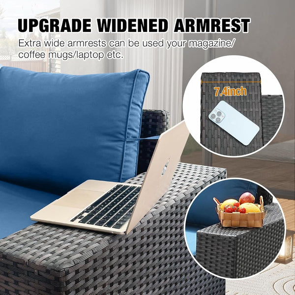 6 Pieces Patio Furniture Set All-Weather Outdoor Wicker Sectional Conversation Sofa Rattan Patio Seating Sofa with Cushion and Glass Table for Porch Poolside,Peacock Blue2