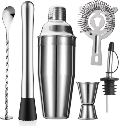 6-Piece Cocktail Shaker Set, Bartender Kit, Drink Shaker, Bar Set | Stainless Steel Cocktail Set with 24Oz Martini Shaker, Strainer, Muddler, Jigger, Mixing Spoon, Pour Spout, Housewarming Gift1