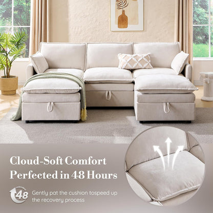 85.83" Modular Sectional Cloud Couches for Living Room, Modern Sectional Sofa with Storage Ottoman, U-Shape 5 Seat Chenille Cloud Sofa with Pillows for Bedroom and Apartment, Beige7