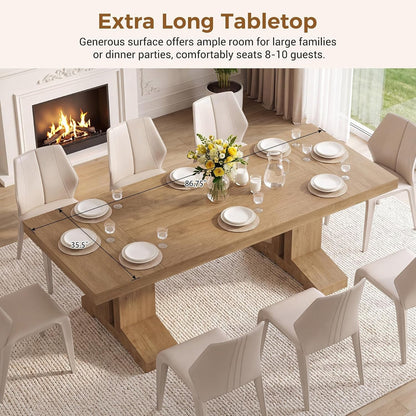 86.75" Large Dining Table for 6-10, Farmhouse Kitchen Table with Thick Base, Rectangular Wooden Dinner Table for Kitchen Dining Room, Brown4