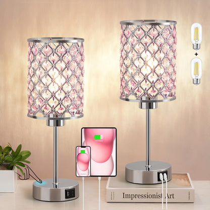Pink Crystal Bedside Table Lamps Set of 2 with USB C+A Ports1