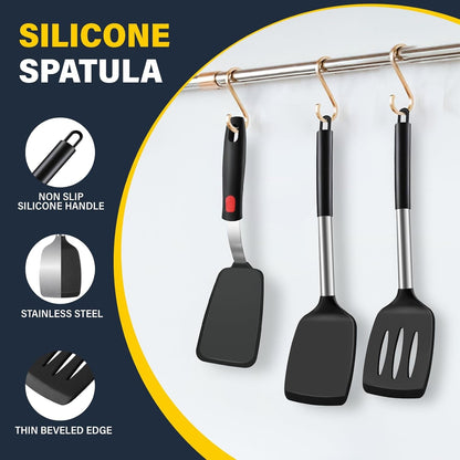 Silicone Spatula Set, Heat Resistant Solid & Slotted Turner for Non-Stick Pans, Silicone Cooking Utensils Set, Bpa-Free, Flexible Spatula Turner for Flipping Eggs, Burgers, Pancakes, Black, 3 PCS-A7