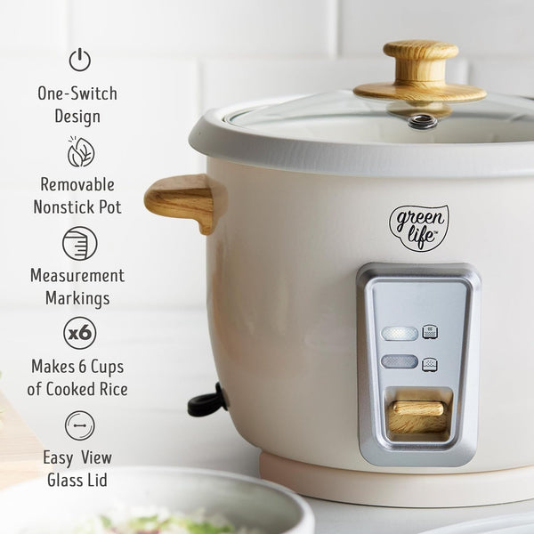 Rice Cooker with Removable Pfas-Free Ceramic Nonstick Pot, 3-Cups Uncooked/6-Cups Cooked, Grains & Oatmeal Multicooker, Compact One-Switch Design, Auto Keep Warm, Easy Clean, Cream8