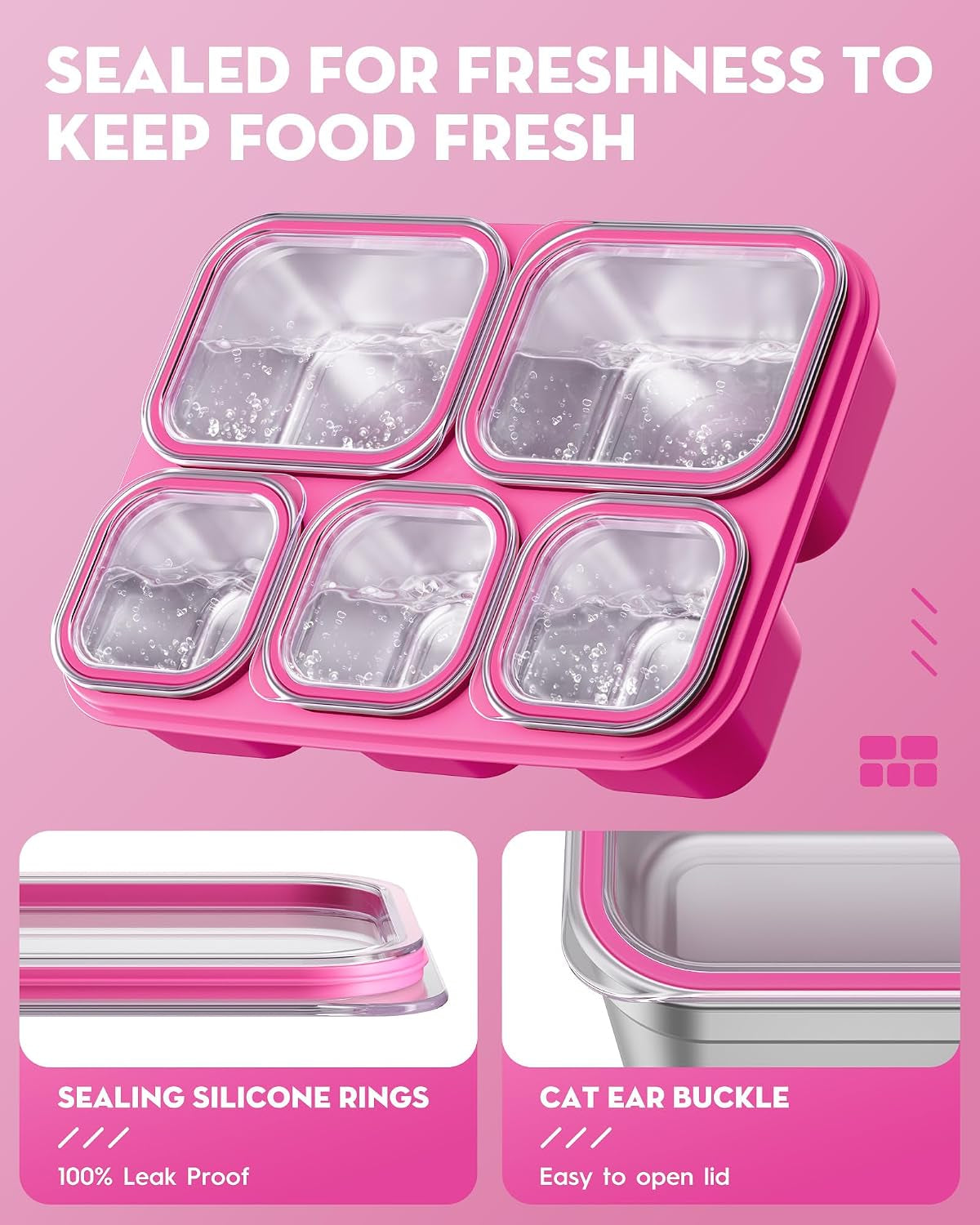 snackle-box-containers-stainless-steel-5-compartments-divided-serving-tray-with-lid-removable-leakproof-portable-bento-box-for-fruit-candy-nuts-food-school-picnic-and-travel-pink