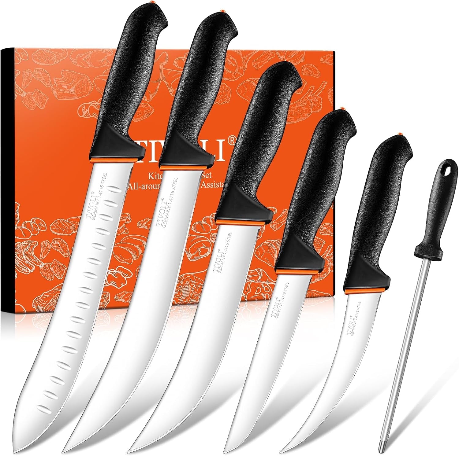 butcher-knife-set-6-pcs-game-processing-knife-set-7-sharpener-rod-high-carbon-stainless-steel-ergonomic-non-slip-rubber-handle-gift-box-anti-fouling-easy-to-clean