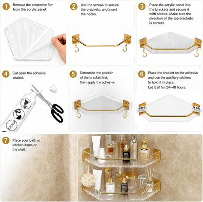 Shower Corner Caddy with Hooks , 2 Pack Luxury Organizer with Upgraded Adhesive System for Bathroom,Kitchen & Balcony, Floating Shower Wall Shelf Bath Basket Rack Heavy Duty 2 Pack (Gold,Acrylic)5