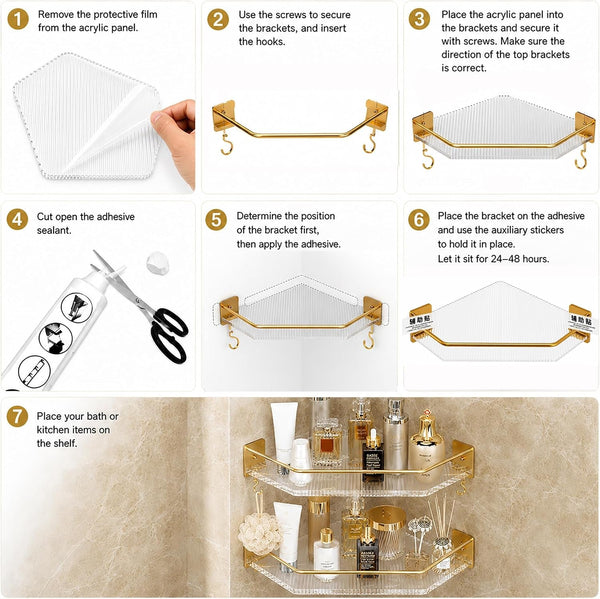 Shower Corner Caddy with Hooks , 2 Pack Luxury Organizer with Upgraded Adhesive System for Bathroom,Kitchen & Balcony, Floating Shower Wall Shelf Bath Basket Rack Heavy Duty 2 Pack (Gold,Acrylic)5