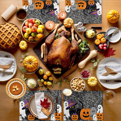 Halloween Pumpkin Placemats Set of 4,Ghost Black Cat Cotton Linen Heat-Proof Washable Placemat for Holiday Banquet Kitchen Table Decor,Spiderweb Black White Table Mat 13X19Inch6