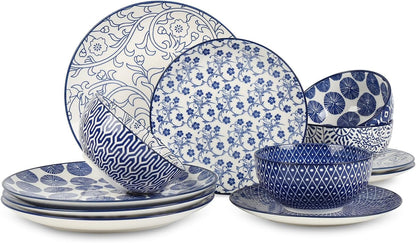 Ceramic Dinnerware Sets, 12 Pcs Plates and Bowls Sets,Vintage Blue1