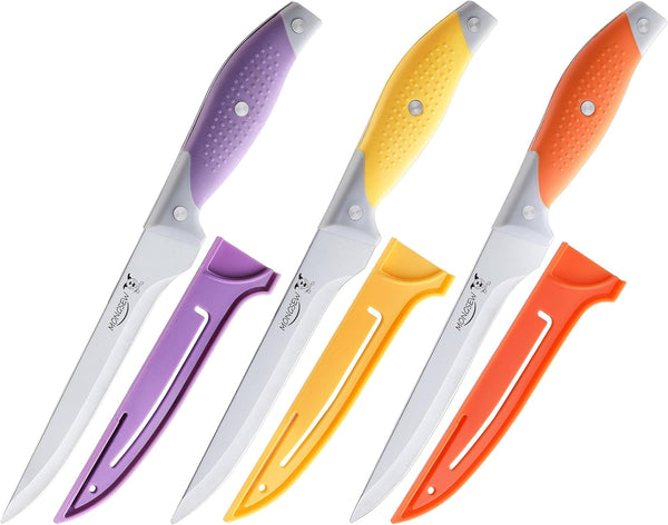 3PCS Boning Knife, German Stainless Steel Fillet Knives, 6 Inch Curved Boning Deboning Filet Fillet Knife for Meat, Fish, Poultry, Cutting, Trimming, Ergonomic Rubber Handle, Dishwasher Safe1