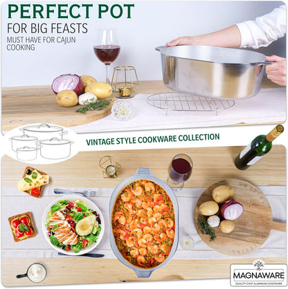 Cast Aluminum Oval Dutch Oven with Lid - 10 QT Heavy Duty & Lightweight Roaster Pan with Rack & Silicone Cover Dual Handles — Cajun Cookware for Roasting, Baking, Cooking (15" - Large)6