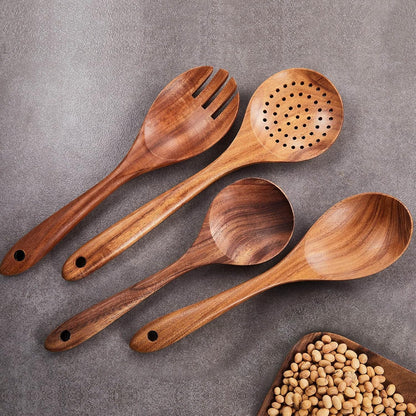 Wooden Kitchen Utensils Set, 9 PCE Natural Teak Wooden Spoons for Non-Stick Pan for Cooking,4