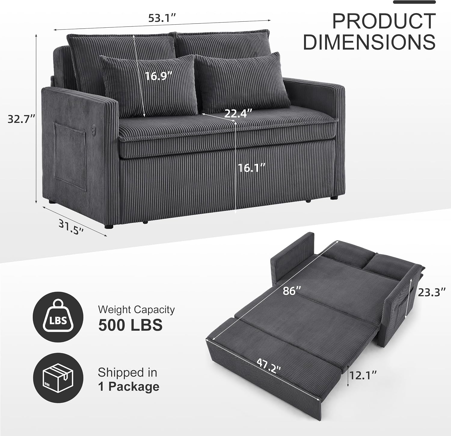 86-extended-convertible-sofa-bed-loveseat-sleep-sofa-with-usb-ports-pull-out-couch-with-6-position-adjustable-backrest-corduroy-couch-bed-with-side-pockets-for-living-room-dark-grey