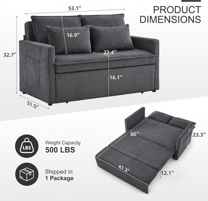 86” Extended Convertible Sofa Bed, Loveseat Sleep Sofa with USB Ports, Pull Out Couch with 6-Position Adjustable Backrest, Corduroy Couch Bed with Side Pockets for Living Room, Dark Grey3