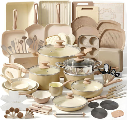 75-Piece Non-Stick Pots and Pans Set, Complete Ceramic Cookware Set with Bakeware, Utensils, Knife Set, & Accessories, Stain-Resistant, Food-Grade Safe, Cream/Brown1
