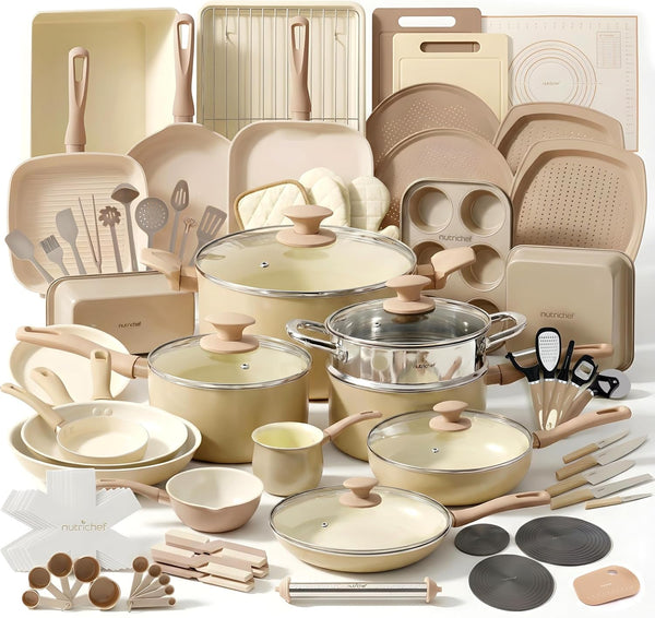 75-Piece Non-Stick Pots and Pans Set, Complete Ceramic Cookware Set with Bakeware, Utensils, Knife Set, & Accessories, Stain-Resistant, Food-Grade Safe, Cream/Brown1