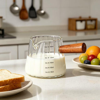 6 Oz Espresso Cups - Glass Measuring Cups with Spout - Ribbed Small Creamer Pitcher- Expresso Shots Cup with Wood Handle for Coffee Milk, Dishwasher Safe (Transparent, 1 Pack)9