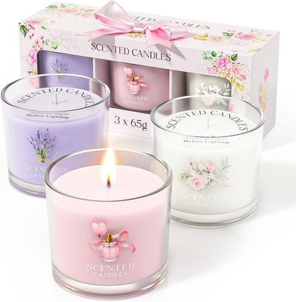 Scented Candles, Scented Candle Gift Set for Stress Relief, 3 Votive Candles for Women and Men, Birthday Candle Gifts for Women, Christmas Candles for Women (Pink + Purple + White, 7 Oz)1