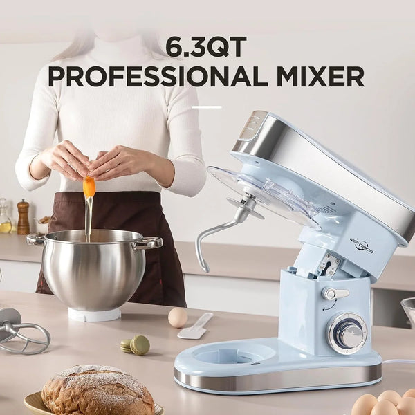 Stand Food Mixer 6.3 Qt Tilt-Head 400W 6-Speed Blue | Kitchen Electric Mixer with Stainless Steel Bowl, Pulse Motor, Dough Hook,Whisk,Beater,Household Standing Mixer for Baking3