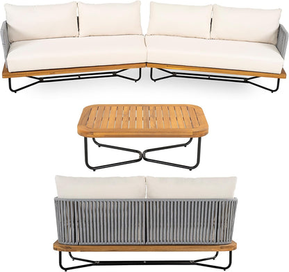 Justin 4 Pieces Conversation Set, Acacia Wood Chat Set, 3 Woven Rope Outdoor Sofa and Slat Panel Coffee Table, Patio Furniture Set for Backyard Balcony Garden, Teak+ Beige6