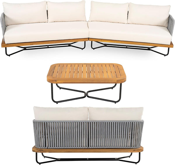 Justin 4 Pieces Conversation Set, Acacia Wood Chat Set, 3 Woven Rope Outdoor Sofa and Slat Panel Coffee Table, Patio Furniture Set for Backyard Balcony Garden, Teak+ Beige6