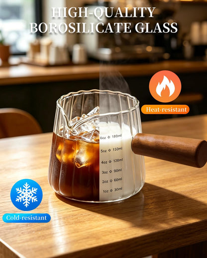 Espresso Measuring Cup 6 Oz, Espresso Glass Cups with Wood Handle, Milk Frothing Cup, Espresso Cup for Coffee, Milk, Tea or Maple Syrup Serving5