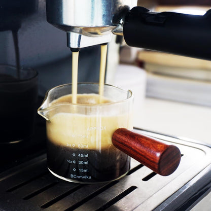 2 PCS Double Spouts Measuring Triple Pitcher Milk Cup with Wood Handle 75ML Espresso Shot Glasses Parts Clear Glass by2