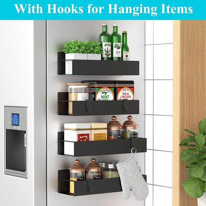 Metal Magnetic Spice Rack for Refrigerator Black, 4 Pack | Magnetic Shelves Heavy Duty for Fridge in Kitchen, Seasoning Storage Organizer, for Oven Washer and Dryer, for Heavier Items2