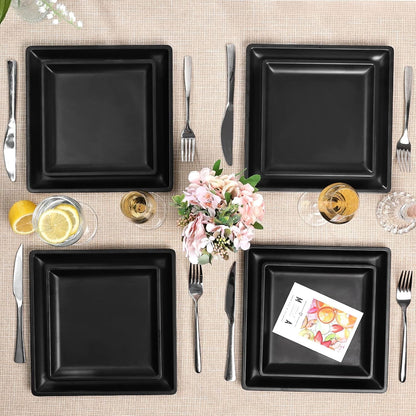 12 Piece Melamine Plates and Bowls Sets，Black Square Dinnerware Set for 45