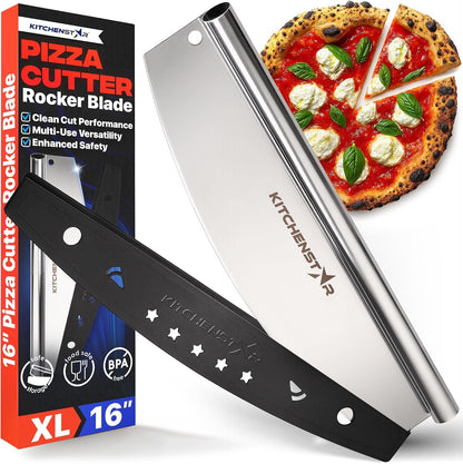 16-Inch Pizza Cutter Rocker Blade, 304 Stainless Steel Slicer Knife, Silver | Keeps Toppings Intact, Super Sharp, Protective Cover Included, Best for Large Pizzas, Dishwasher Safe1