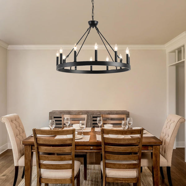 Wagon Wheel Chandelier 32" 12-Light Black Modern Farmhouse Chandeliers2
