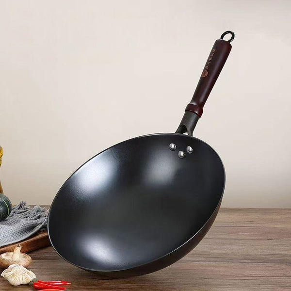 Cast Iron Wok Pan 12.6 Inch with Wooden Handle, Chinese round Bottom Cooking Wok Small Size Coating Free9